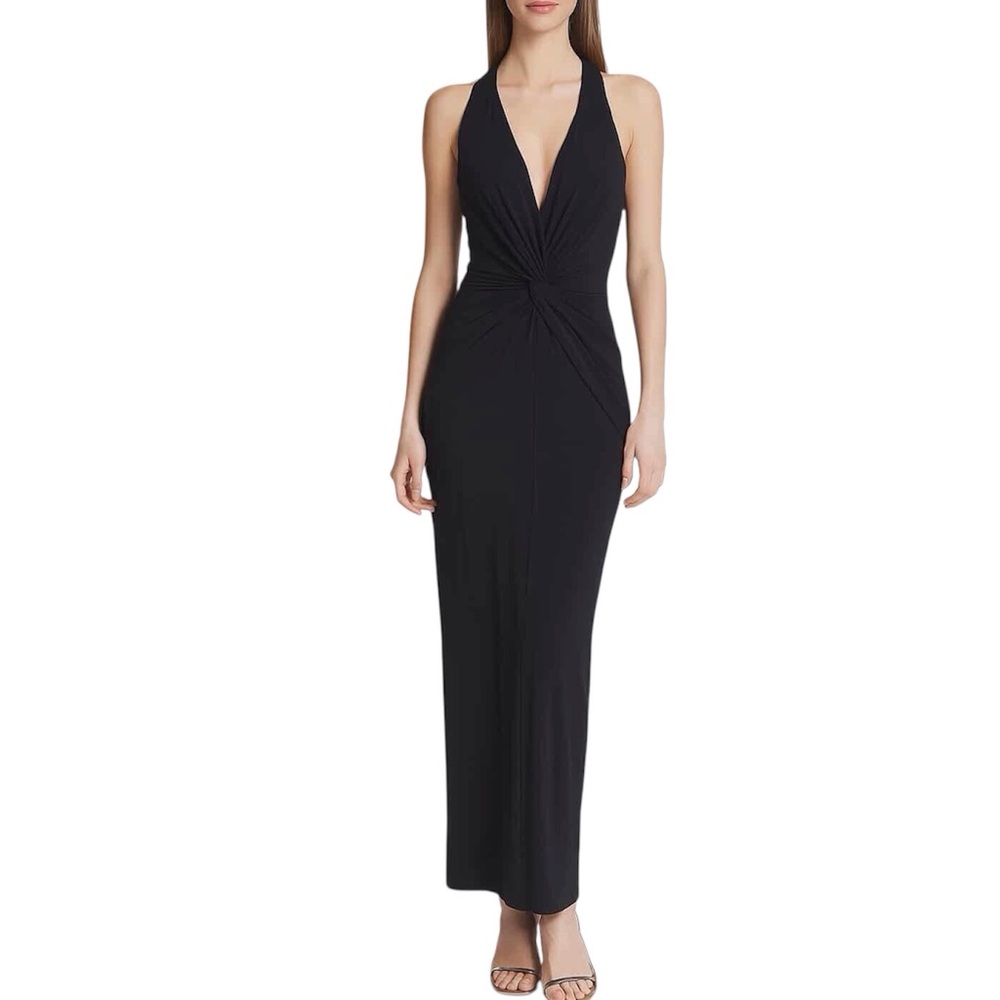 Eliza J Black Jersey Knit Dress V Neck Sleeveless Twist Front Gown Size 12
